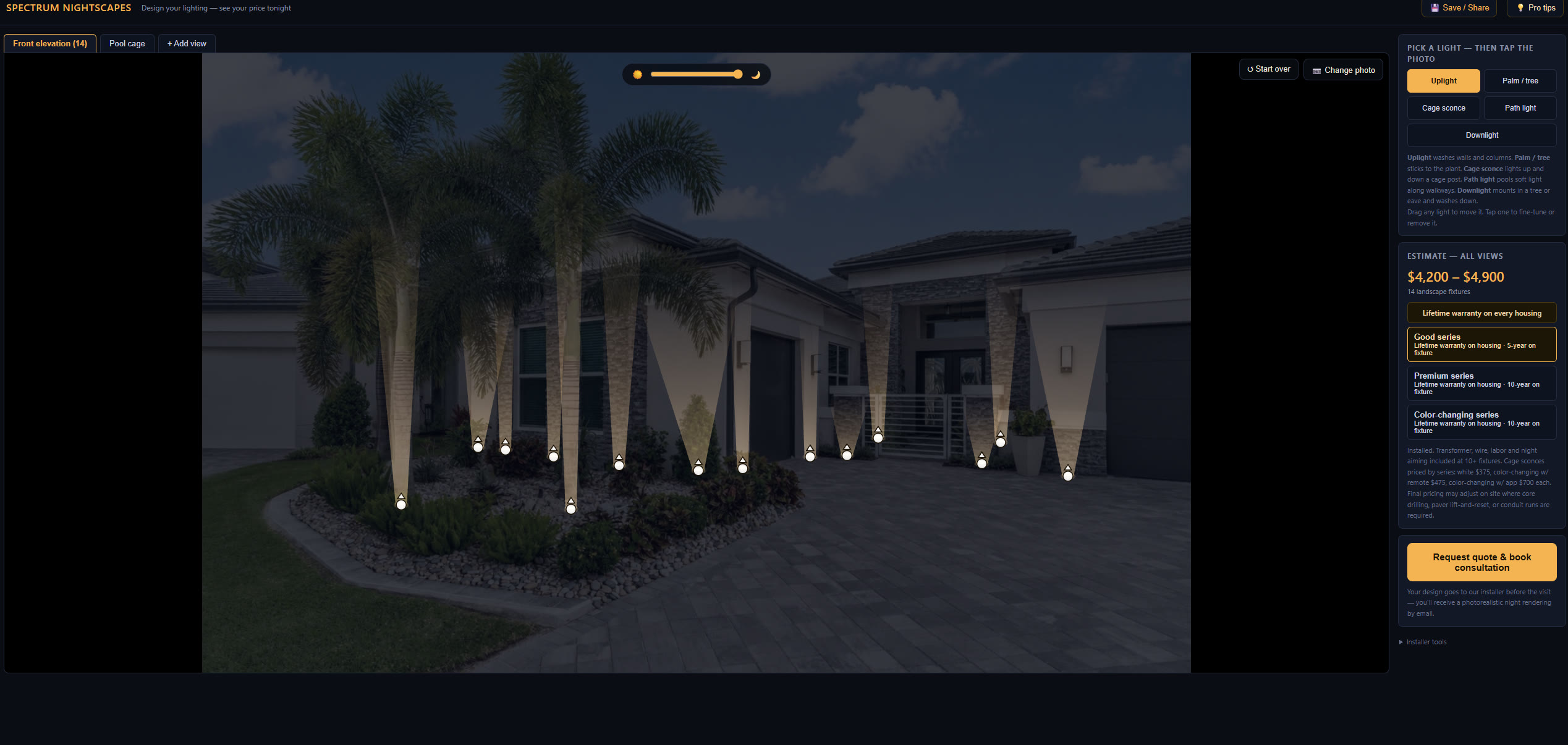 The Spectrum Design Studio: fourteen palm uplights placed on a real Naples home with the live estimate on screen