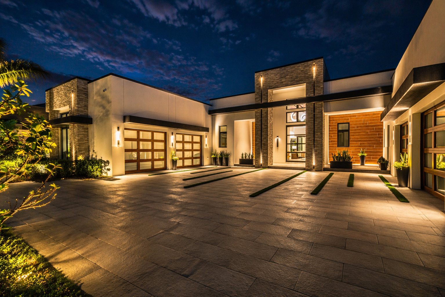 Modern Southwest Florida property at night, facade and garage bays lit with a wide paver approach, by Spectrum Nightscapes