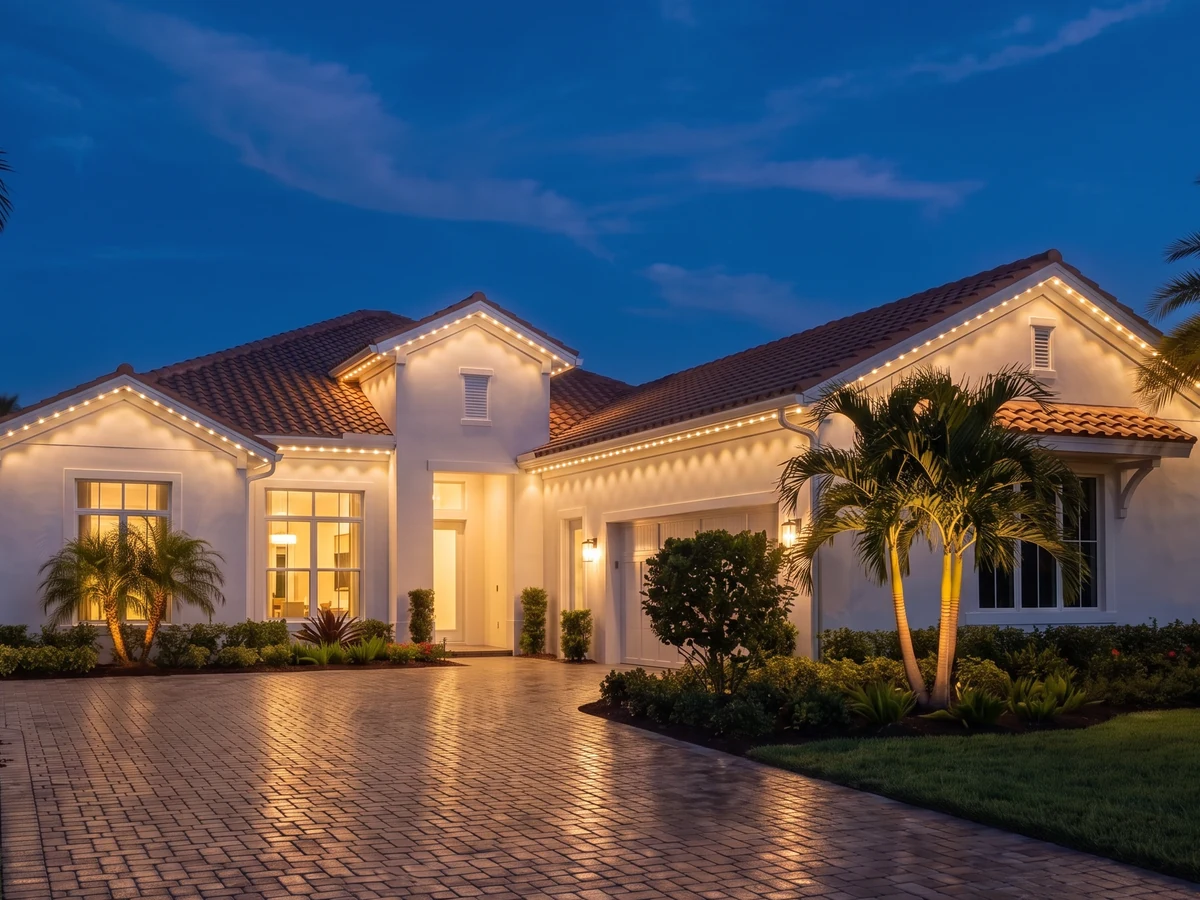 Illustration of permanent roofline lighting: a Southwest Florida tile-roof home at dusk with evenly spaced warm-white LED diodes along the eaves and gable lines
