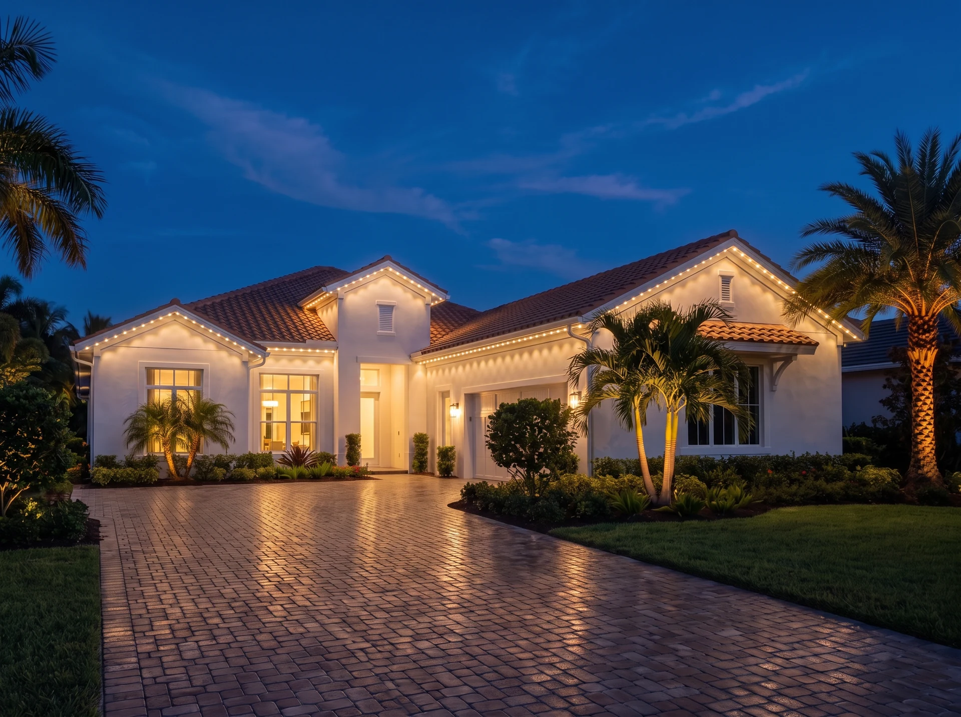 Illustration of permanent roofline lighting: a Southwest Florida tile-roof home at dusk with evenly spaced warm-white LED diodes along the eaves and gable lines